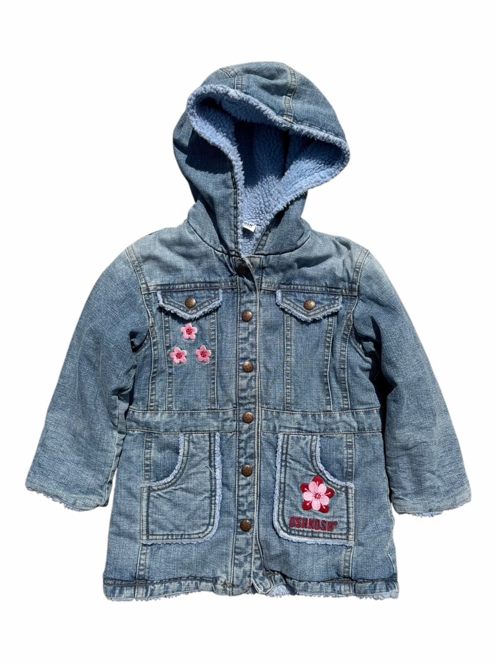 OshKosh B’Gosh Jean Jacket Girls 2T 3T Size 95 Sherpa Hooded Blue Floral Denim